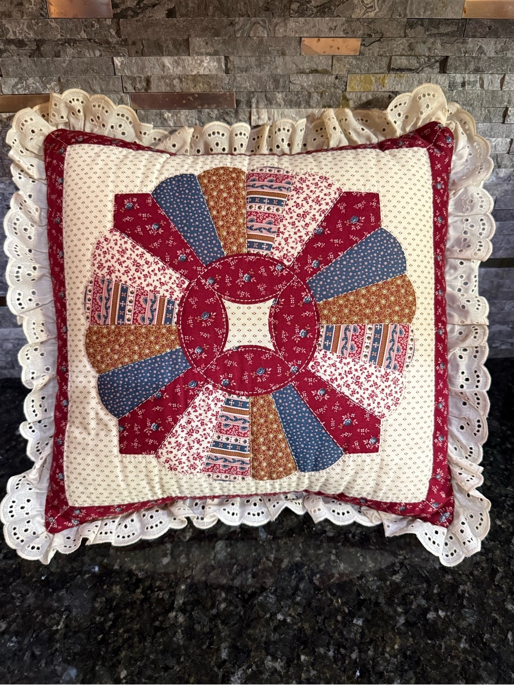 Vintage Granny Core Patchwork Dresden Plate Handmade Throw Pillow